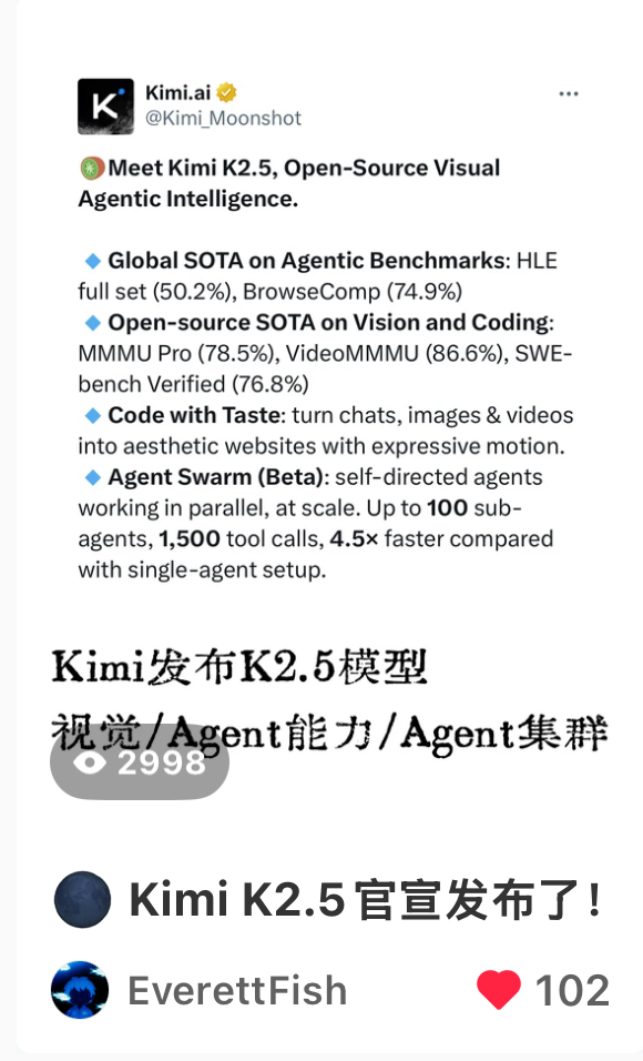 小红书笔记：Kimi K2.5 官宣发布